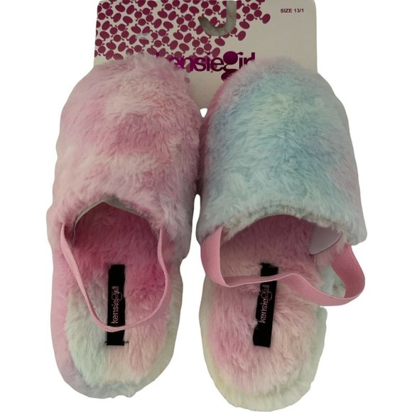 🐶NWT Girl’s Slippers Size 13/1 Slingback Faux Fur Slide KENSIE GIRL Rainbow - Picture 8 of 12